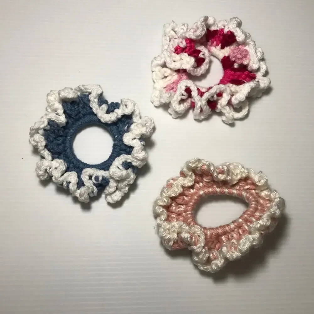 NWT Handmade Crocheted Ruffled Hair Scrunchie Set of 3